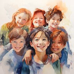 Diversity children, friendship concept, emotions. Children run and laugh. Trustworthy, friendly, kind, smiling, cheerful children and teenagers, large group. In the style of a colorful watercolor