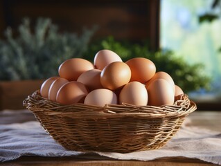 Eggs in a basket on a wooden table