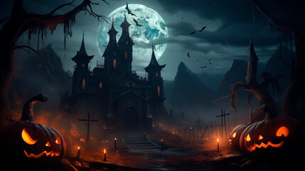 A scary castle at night on a full moon, bats flying and pumpkin-lanterns with scary faces everywhere, fog. Happy Halloween night. Dracula's castle, scary atmosphere