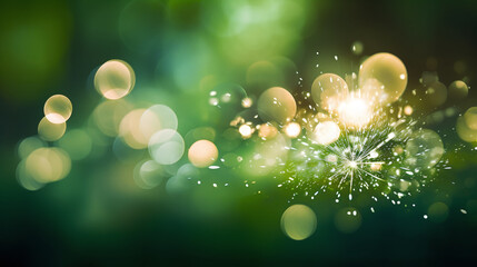 background with sparkler at new year`s eve party with bokeh of glowing green  lights for new fresh future in the next year or St. Patrick's Day invitation - obrazy, fototapety, plakaty