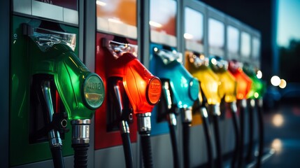 red green red orange color fuel gasoline dispensers background. Gas pistols plugs with premium or regular gas. - obrazy, fototapety, plakaty