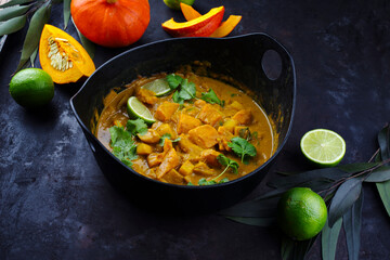 Traditional Indian vegetarian curry stew with sweet potatoes, pumpkin and lemon served as close-up in saucepan