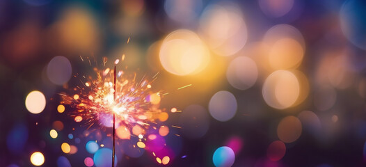 background with sparkler at new year`s eve party with bokeh of glowing colorful lights - obrazy, fototapety, plakaty