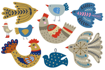 Set of Christmas vector illustrations of birds in folk art. Christmas decorations set. Winter holiday elements