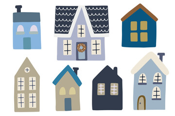 Set of Christmas vector illustrations, houses in Scandinavian style. Christmas decorations set. Winter holiday elements