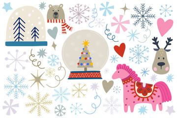 Set of vector illustrations of snowflakes, pink horse, deer face, snow globe. Christmas decorations set. Winter holiday elements