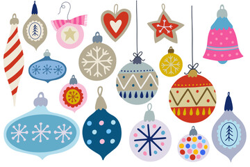 Fototapeta na wymiar Set of vector illustrations of Christmas toys, balls. Christmas decorations set. Winter holiday elements