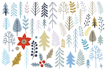 Set of Christmas vector illustrations, Christmas trees in Scandinavian style. Christmas decorations set. Winter holiday elements
