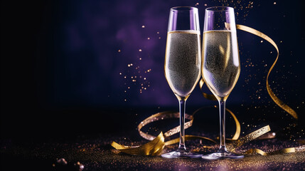 two glasses of champagne with elegantly curved divine gift ribbon as decoration with text area in front of a bokeh background