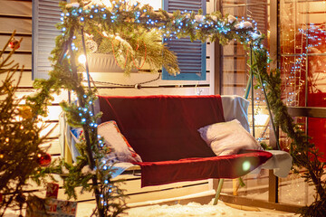 Christmas decor in backyard. Festive New Year decorations.