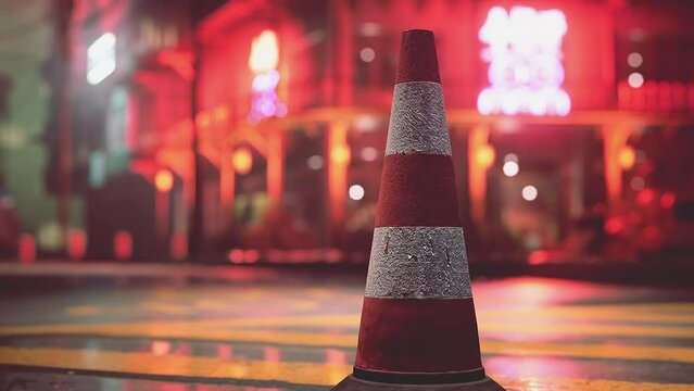 A bright orange traffic cone on the side of a road