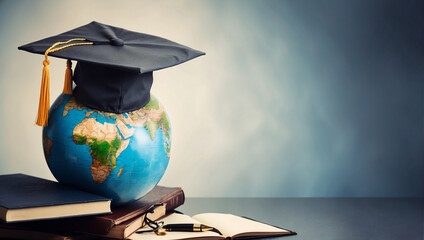 Graduation cap with Earth globe. Concept of global business study, abroad educational, Back to School - obrazy, fototapety, plakaty