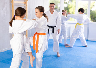 Fototapeta na wymiar Two girls judokas practice judo technique in group in gym