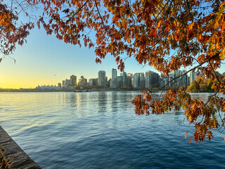 Vancouver, BC - October 29, 2023: Coal Harbor seen from along the seawall pathway during the fall...