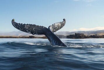 an elegantly shaped gray whale fin tail in the water, impressive panoramas, white and  - obrazy, fototapety, plakaty
