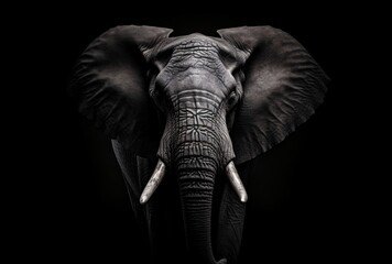 an elephant standing in a black background, stark black and white, hyper-detailed, distinctive noses - obrazy, fototapety, plakaty