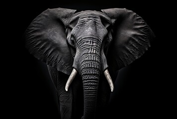 an elephant standing in a black background, stark black and white, hyper-detailed, distinctive noses - obrazy, fototapety, plakaty