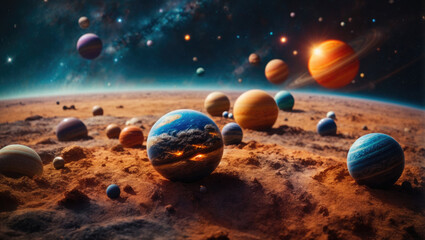 Space futuristic landscape with planets and space objects on sand. The universe, galaxies and stars.