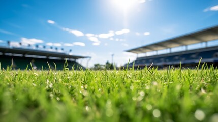 Close up juicy grass field at baseball football or soccer stadium on sunny day