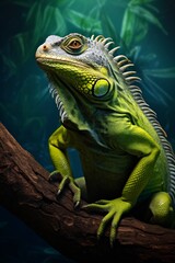 Obraz premium an iguana in green with a branch of a tree contemporary modernist forestpunk realist lifelike precision