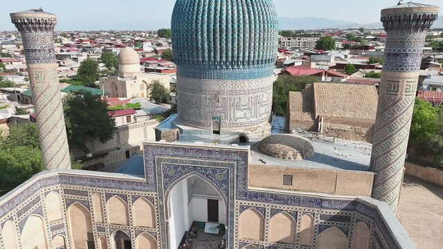 The Guri Amir or Gur Emir aerial view, Samarkand, Uzbekistan - May 26, 2023. Sight of Samarkand