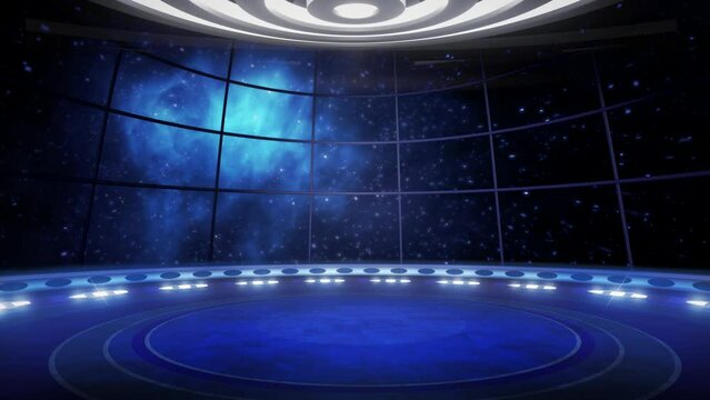 Space, star flight, virtual studio, TV show background. A futuristic graphics loop, ideal for science news, live shows or events. 4k video template, suitable on VR tracking sets, with green screen