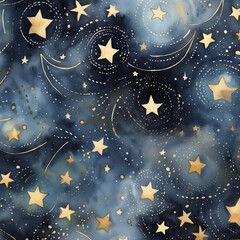 Fantasy magic space pattern with gold stars. Watercolor background created with Generative Ai technology