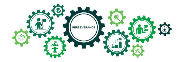 Perseverance banner web icon vector illustration concept with icon of goal, focused, confidence, commitment, purposefulness, diligence, dedication, achievement, patience and success