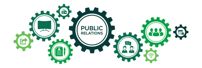 Public relations (PR) banner web icon vector illustration concept with icon of communication, internet, journal, events, radio, tv, social media, and customer - obrazy, fototapety, plakaty