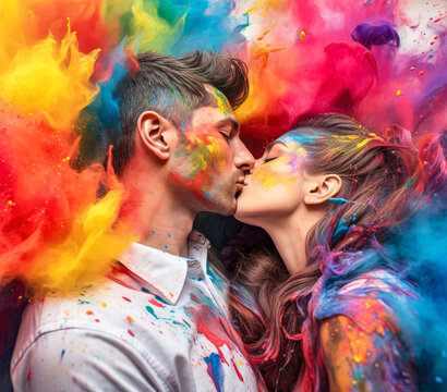 A love concept of a passionate kiss of a young couple in love that is covered and splashed with vivid paints and bright colors flowing over them.