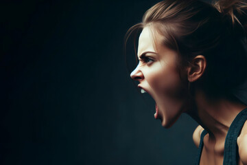An angry woman with an open mouth on a dark background. ai generative - obrazy, fototapety, plakaty
