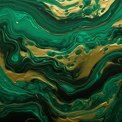 Malachite green marble background with gold foil waves. Abstract texture created with Generative Ai technology