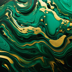 Malachite green marble background with gold foil waves. Abstract texture created with Generative Ai technology