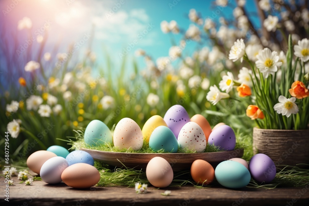 Aufkleber easter product display table with easter eggs and spring meadow. ai generative