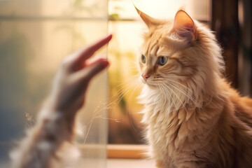 A cat and person, in the style of emotional gestures, soft focus romanticism, selective focus