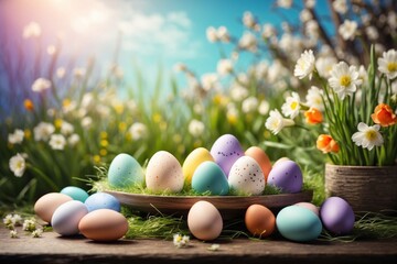 Easter product display table with easter eggs and spring meadow. ai generative - obrazy, fototapety, plakaty