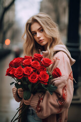 A girl holding a bunch of red roses while walking down the street, in the style of wrapped