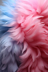 Airy soft fluffy feather close-up of macro of blue and pink pastel shades on white background with...