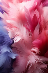 Obraz premium Airy soft fluffy feather close-up of macro of blue and pink pastel shades on white background with soft focus
