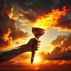 Fotobehang Glorious hand holds flaming torch against cloudy sky. ai generative © Igor