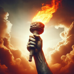 Glorious hand holds flaming torch against cloudy sky. ai generative - obrazy, fototapety, plakaty