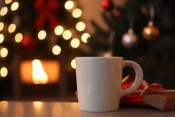 A close up White Coffee Mug in the center of the shot with a Christmas tree, fire place and presents in the background