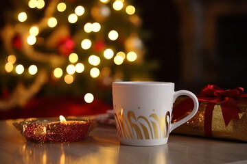 Fototapeta premium A close up White Coffee Mug in the center of the shot with a Christmas tree, fire place and presents in the background