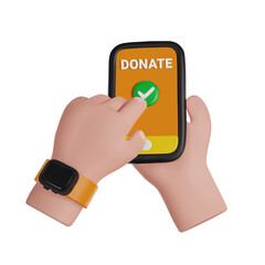 Hands holding a phone and donating money online. Financial support. 3D render vector illustration