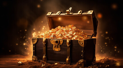 Half Open the glowing ancient treasure chest golds inside - obrazy, fototapety, plakaty