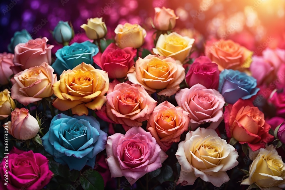 Poster multicolored roses gradient background is unusual. ai generative