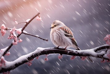 bird sitting on tree in a snowstorm, cute and dreamy, dark gray and white, light pink and dark brown - Powered by Adobe
