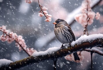 bird sitting on tree in a snowstorm, cute and dreamy, dark gray and white, light pink and dark brown
