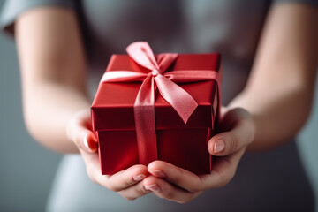 Photo of female hand with red manicure, opening gift box, closeup on nails, low aperture, blurred background