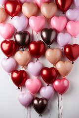 Valentine's day background with red and pink hearts like balloons isolated on white background